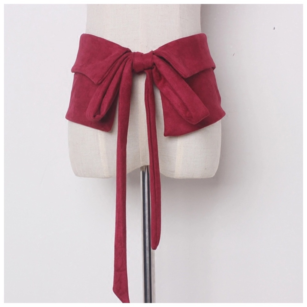 Burgundy Red Microfiber Faux Suede Wide Tie Belt - Picture 2 of 5